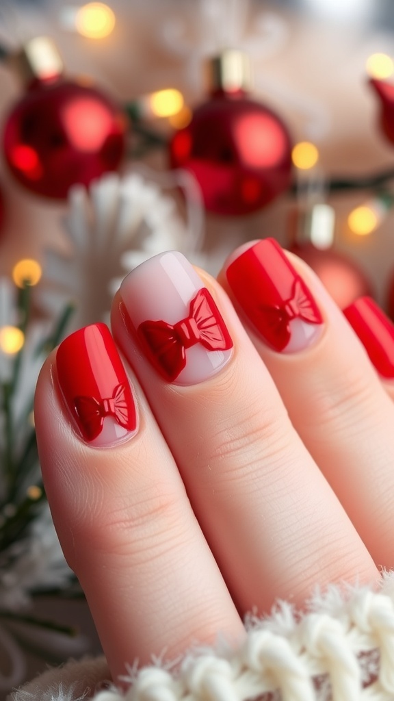 Close-up of short nails with red bow design for Christmas, set against a holiday backdrop.